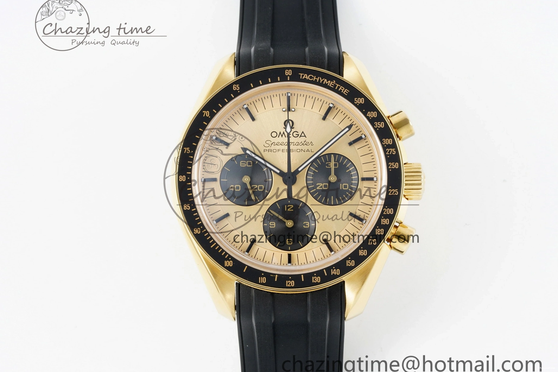 0421 TimelessDesign Speedmaster Moonwatch in Moonshine Gold YG RMF Best Edition YG Dial on Black Rubber Strap Manual Chrono 7834